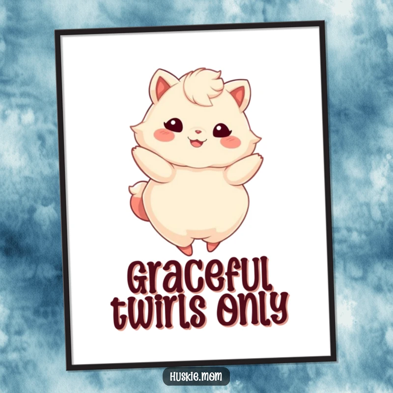 Funny poster of a fluffy animal with a wide, happy smile, elegantly twirling in a graceful, energetic motion.