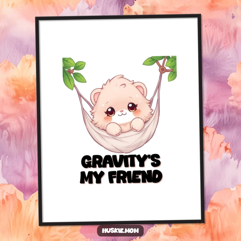 Funny poster of a fluffy animal with joyful, sparkling eyes gently suspended in a hammock, promoting ultimate relaxation.