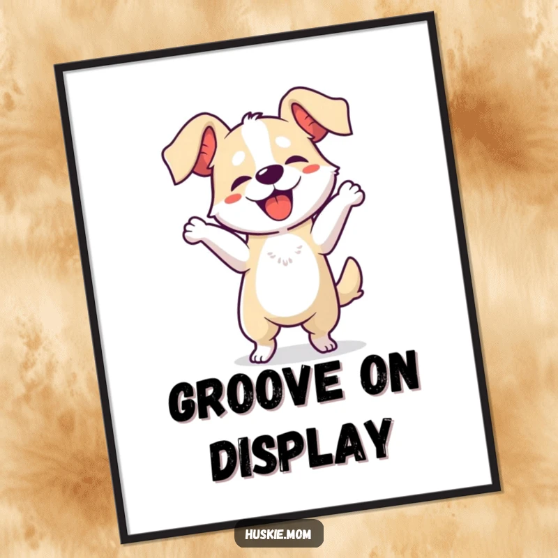 Funny dog dancing poster, capturing a dog's ecstatic, floppy-eared dance moves in a lively and humorous art piece.