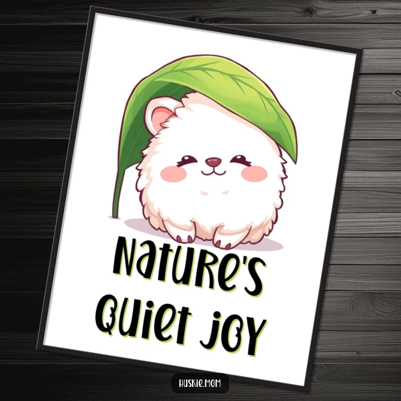 Funny fluffy animal poster showing a creature with a peaceful smile peeking from under a leaf, ideal for calm and humorous decor.