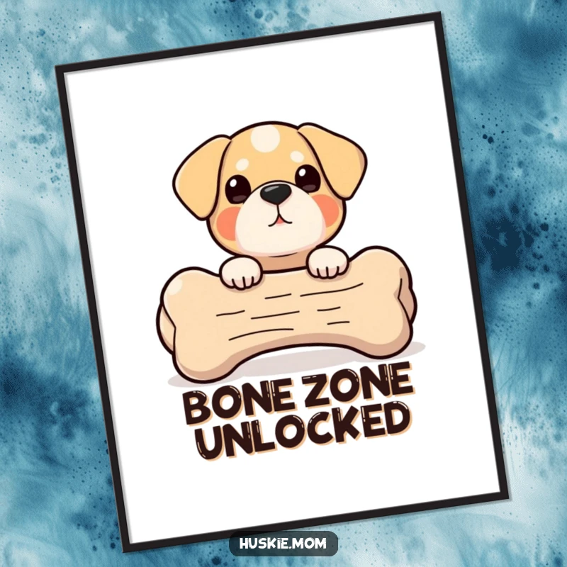 Peek-a-Boo Bone Dog Poster: A small, chubby dog peeks playfully from behind a giant bone, evoking a sense of playful mischief.
