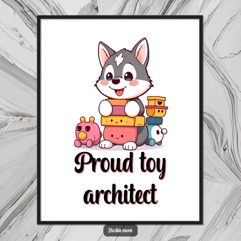 Funny Kawaii Husky Poster: A proud husky artistically balances a vibrant stack of toys, exuding playful confidence.