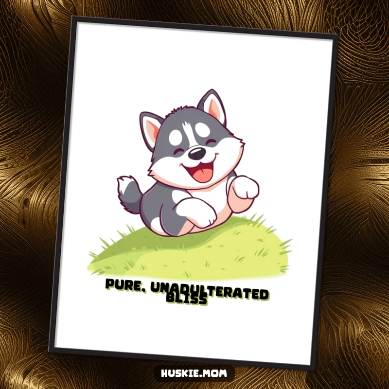 Funny poster showcasing a gleeful husky puppy tumbling head over paws down a grassy hill with uncontainable happiness and humor.