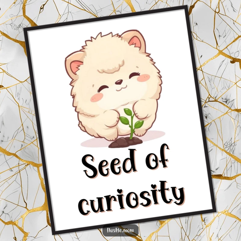Funny poster depicting a fluffy animal with a curious expression nudging a tiny sprout, a heartwarming piece of humorous art.