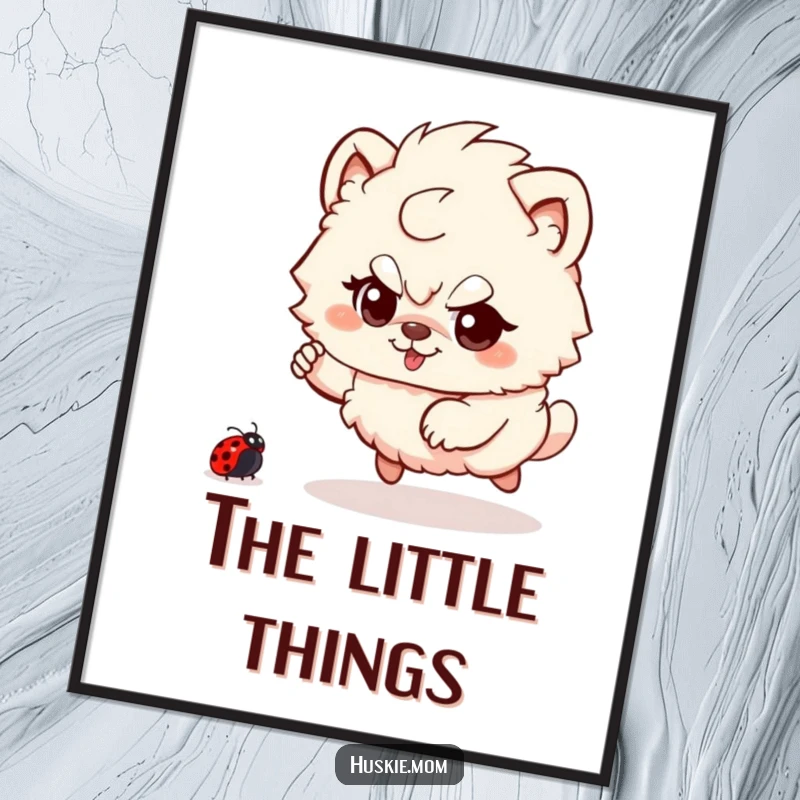 Funny Fluffy Animal Poster: An illustration of a fluffy creature with a mischievous glint, playfully chasing a ladybug in a vibrant setting.