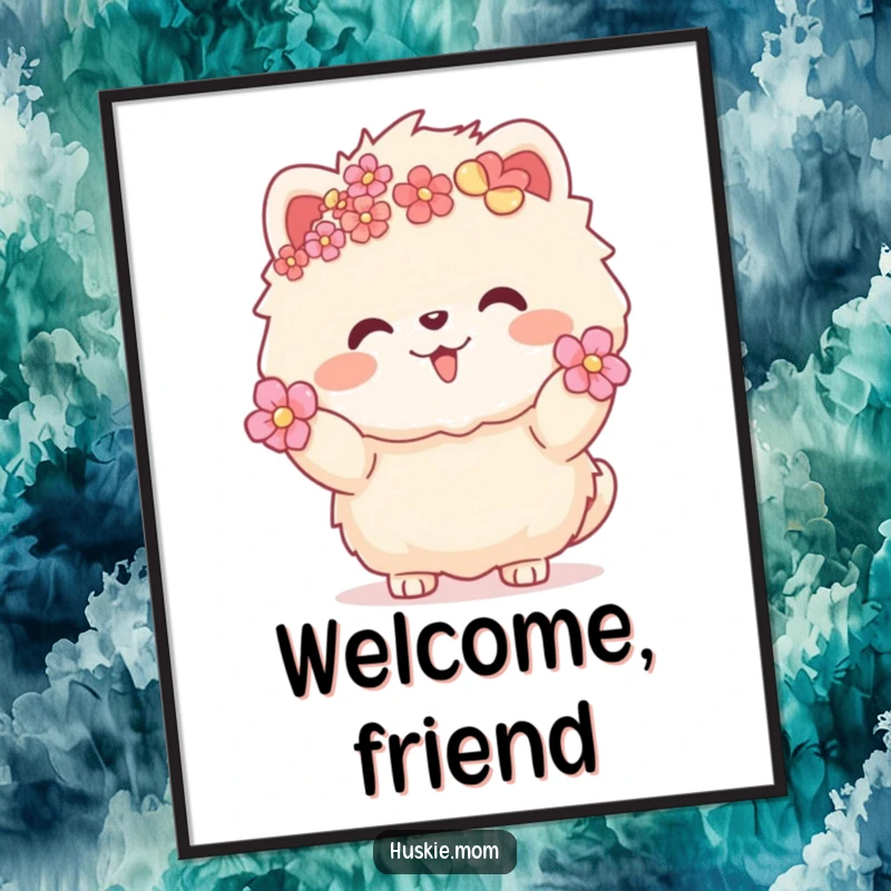 Funny fluffy animal with flowers in fur, warm inviting gesture, whimsical wall art print, cute and charming decor.