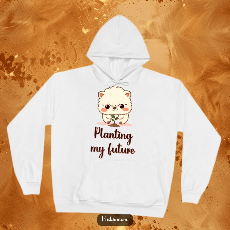 Funny hoodie with a fluffy animal showing resolve while planting a tiny seed, perfect for cozy contemplation.