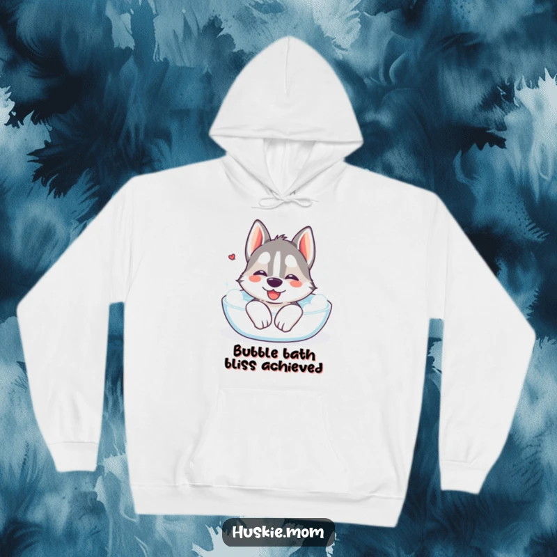 Funny Kawaii Husky Hoodie: An ultra-cute Husky blissfully sighing in a bubble bath, embodying ultimate relaxation and comfort.