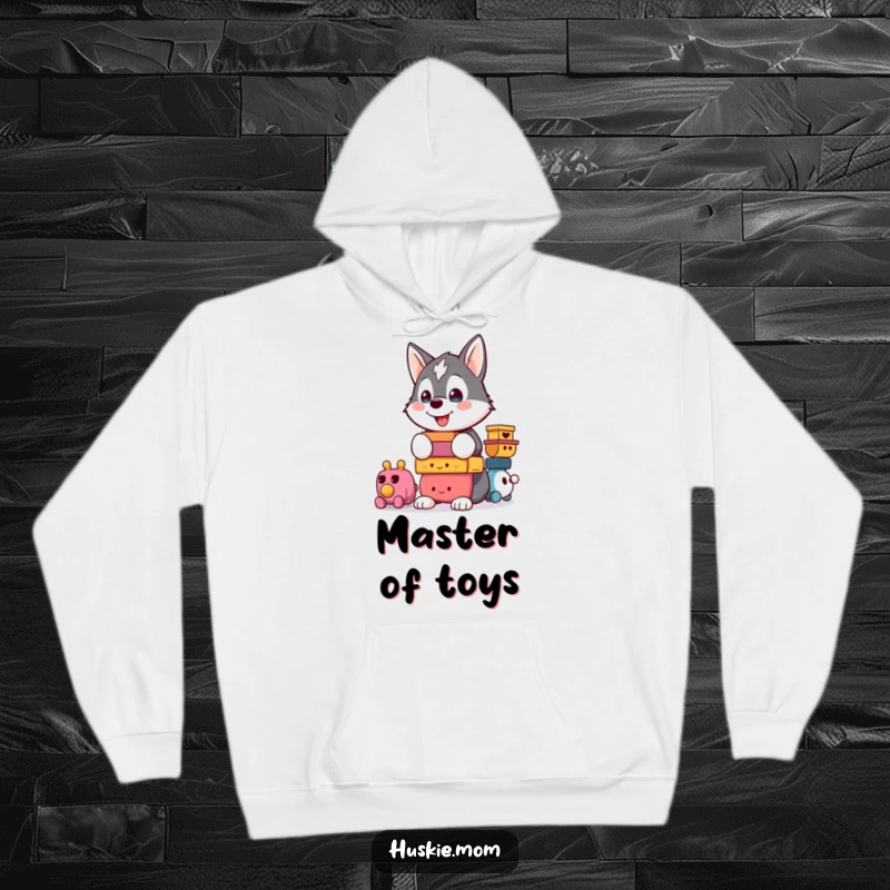 Funny Kawaii Husky Hoodie: A proud husky masterfully balances a towering stack of colorful toys, radiating happiness.