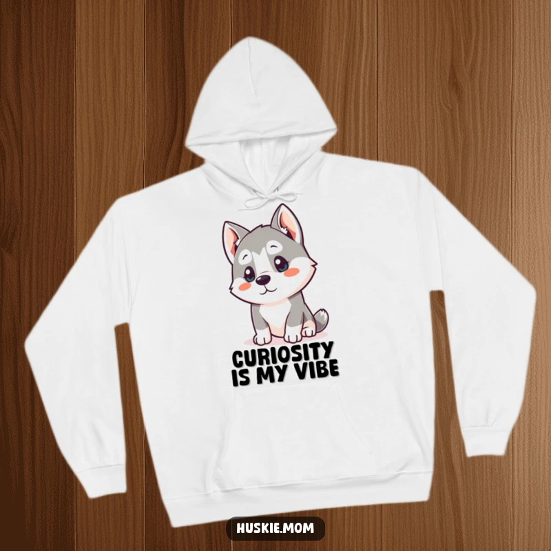 Funny Kawaii Husky Hoodie: A curious husky tilts its head, listening intently, offering cozy humor.