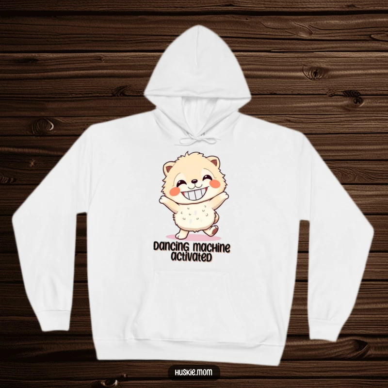 Funny fluffy dancer hoodie, a warm garment featuring a grinning creature dancing, a great gift option.