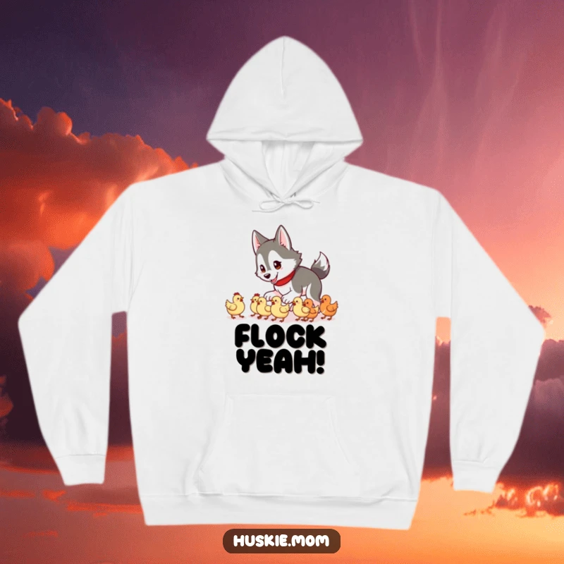 Funny Husky Lady Hoodie illustrating a husky trying to herd tiny chickens, perfect for cozy farm days.