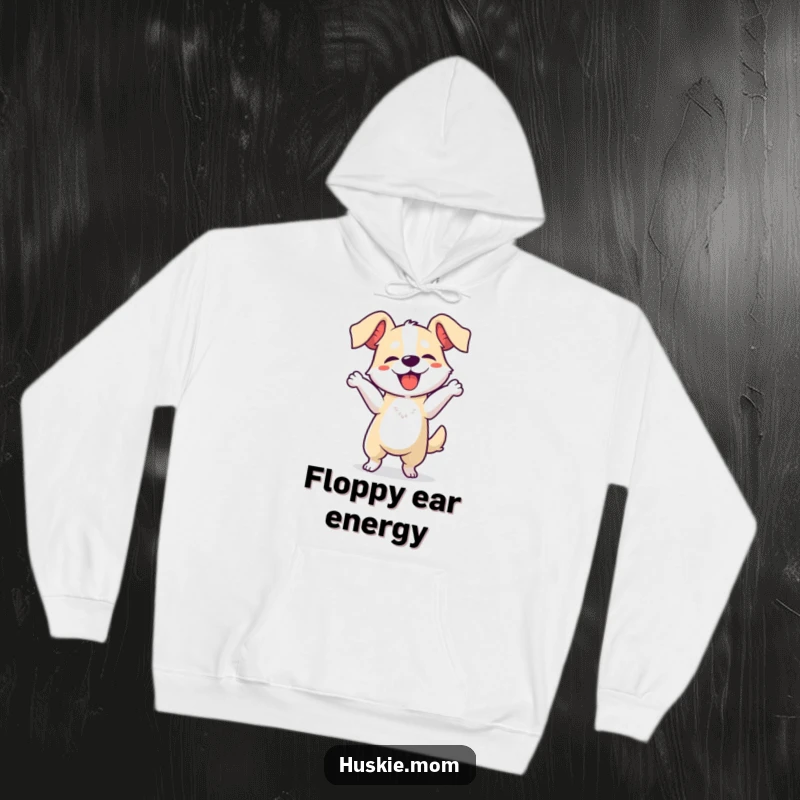 Funny dog dancing hoodie, featuring a playful canine performing a comical dance with wildly flopping ears, providing warmth and laughs.