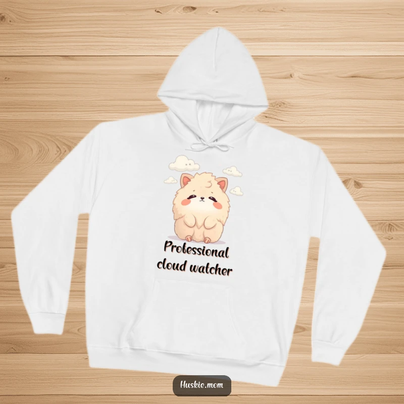 Funny Hoodie: Plush hoodie displaying a fluffy animal gazing peacefully at clouds, exuding comfort and whimsical, funny charm.