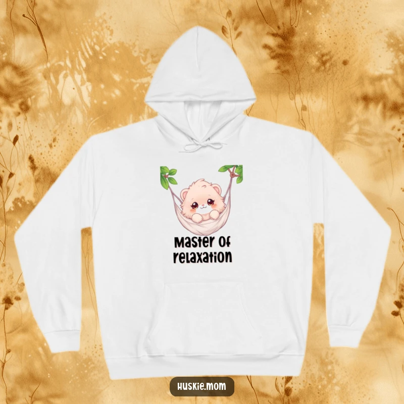 Funny hoodie with a fluffy animal blissfully floating in a hammock, exuding peace and sparkling happiness.