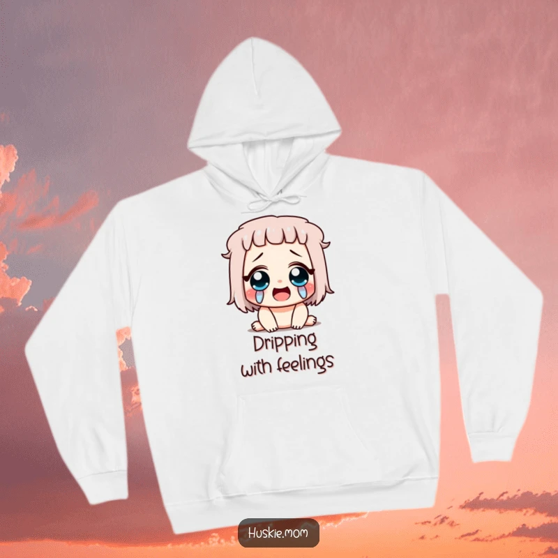 Funny hooded sweatshirt depicting a character overcome with happy tears, eyes closed in laughter, radiating pure bliss and mirth.