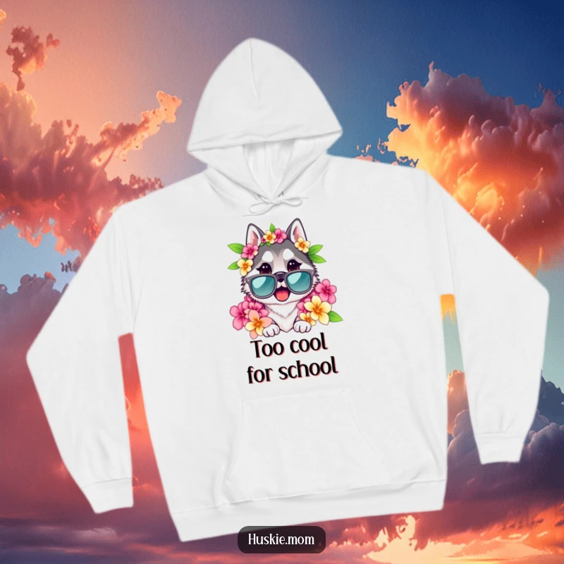 Funny Husky Lady Hoodie showing a husky with stylish sunglasses and a floral lei, perfect for cozying up.