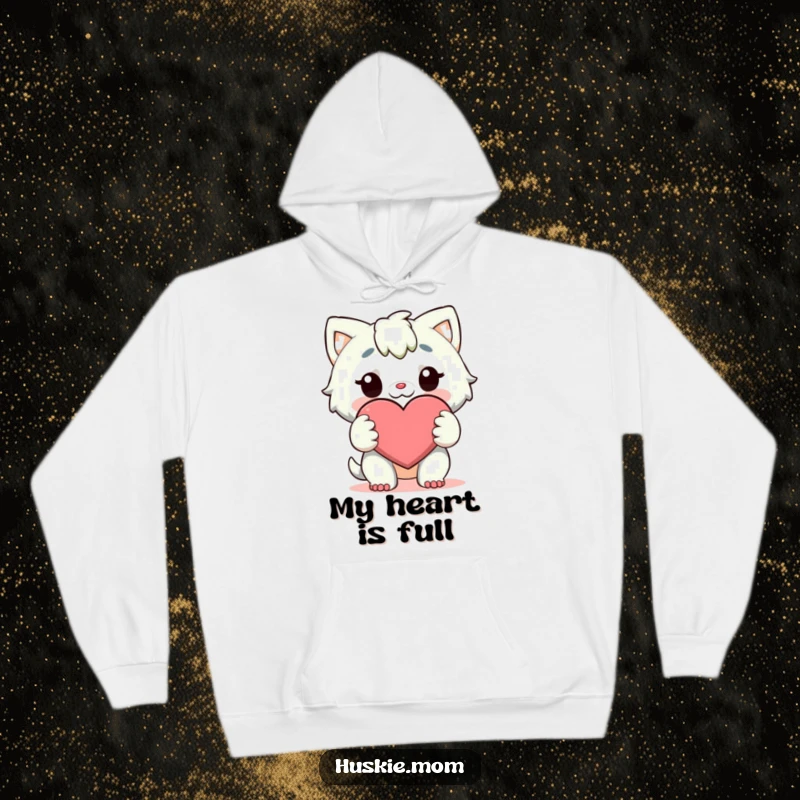 Funny Hoodie: A character holds a large, cheerful heart with both paws, designed for comfort and radiating love.