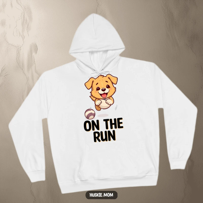 Fast Chasing Dog Hoodie: An energetic dog playfully chases a ball, surrounded by exaggerated speed lines, conveying motion and fun.