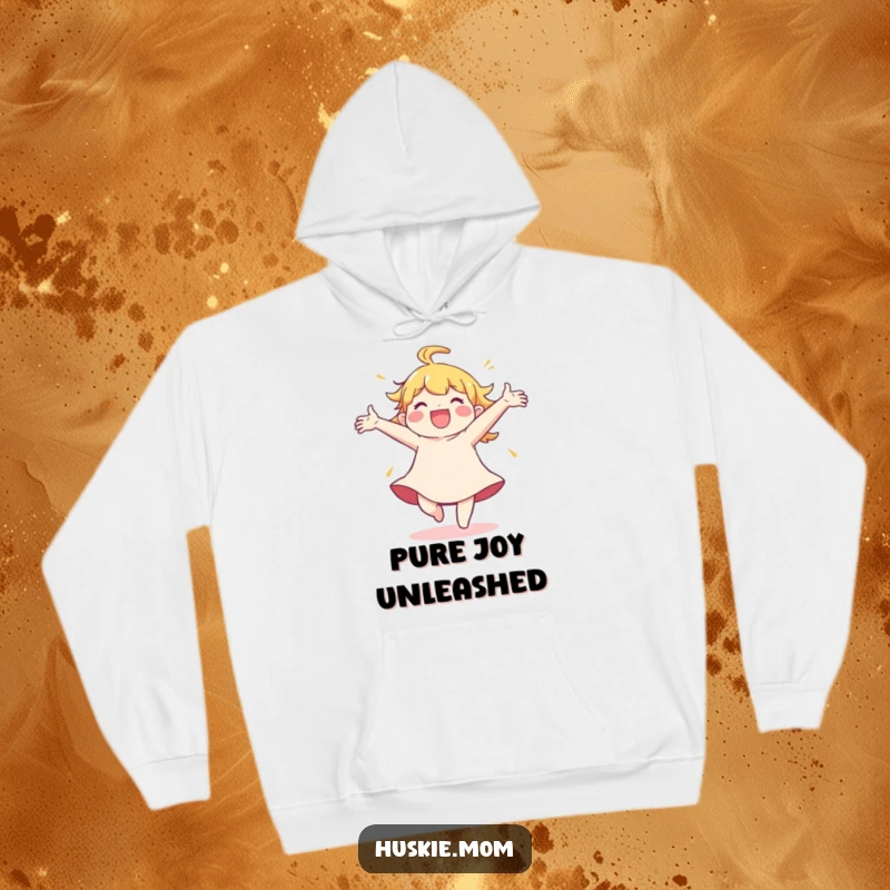 Funny Hoodie: A character joyfully spins with arms thrown wide, designed for comfort and radiating happiness.