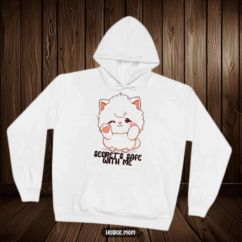 Funny fluffy character winking and gesturing with a paw, depicted on a warm hoodie, perfect for cozy and cheerful interactions.