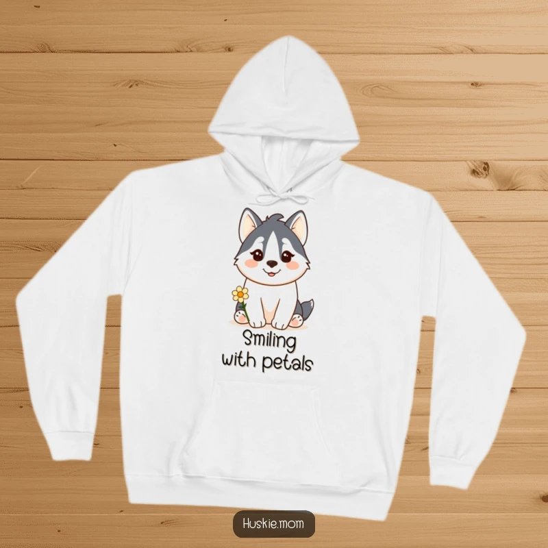 Funny Kawaii Husky Hoodie: A happy kawaii husky offers a flower with a gentle smile, offering cozy humor.