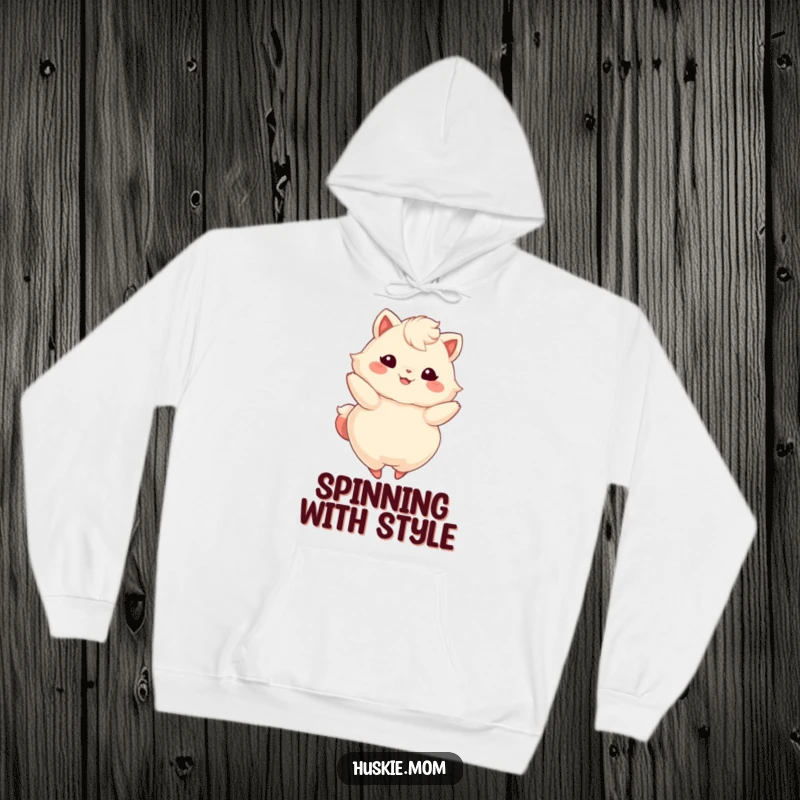 Funny hoodie featuring a fluffy animal with a radiant smile, captured in a graceful, flowing twirl, full of life.