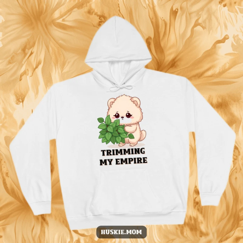 Funny hoodie with a fluffy animal determinedly pruning a bush, offering warmth and humor for screen reader users.