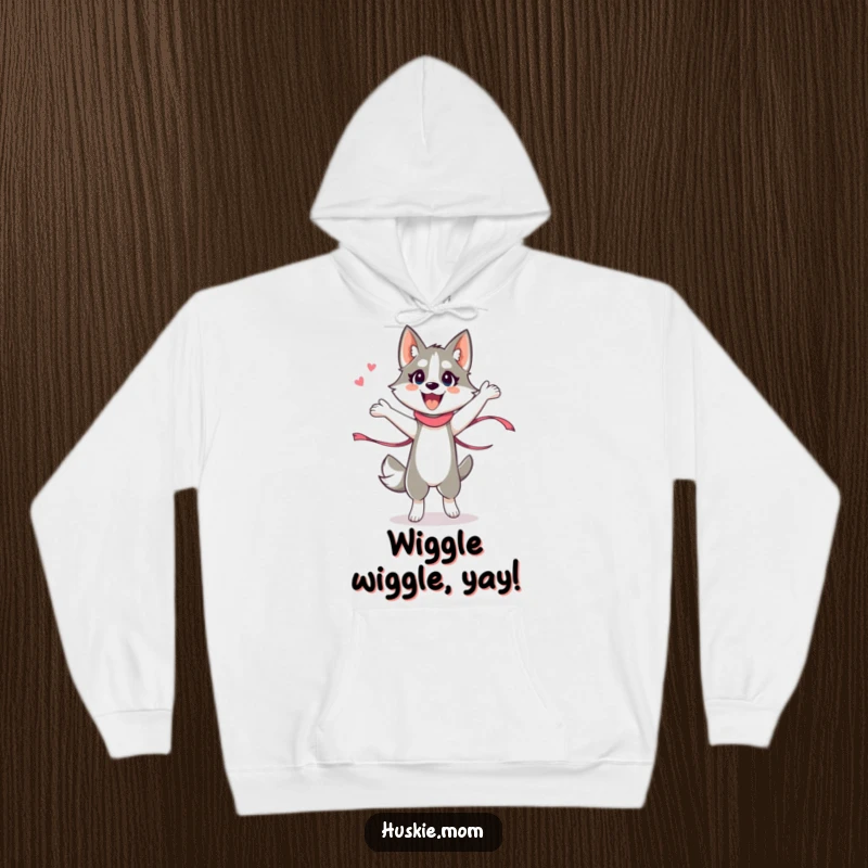 Funny Husky Lady Hoodie, soft and warm, depicting an energetic husky lady performing a silly ribbon dance, ideal for dancers.