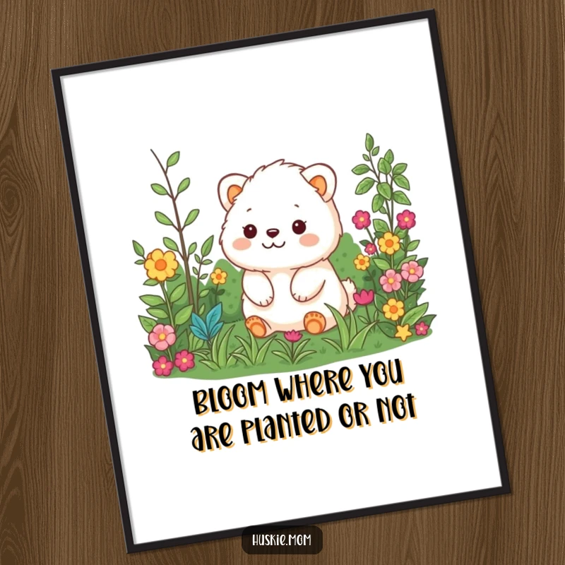 Funny Free Printable Wall Art showcasing a fluffy animal with a happy expression surveying a bountiful, colorful garden.