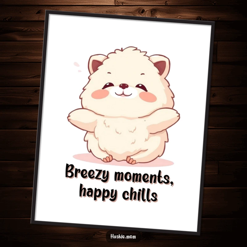 Funny Free Printable Wall Art: A soft, fluffy animal stretching joyfully with a contented sigh, embraced by a gentle, warm breeze.
