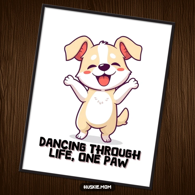 Funny Free Printable Wall Art: Dog character doing a wild, silly dance with ears flapping energetically.