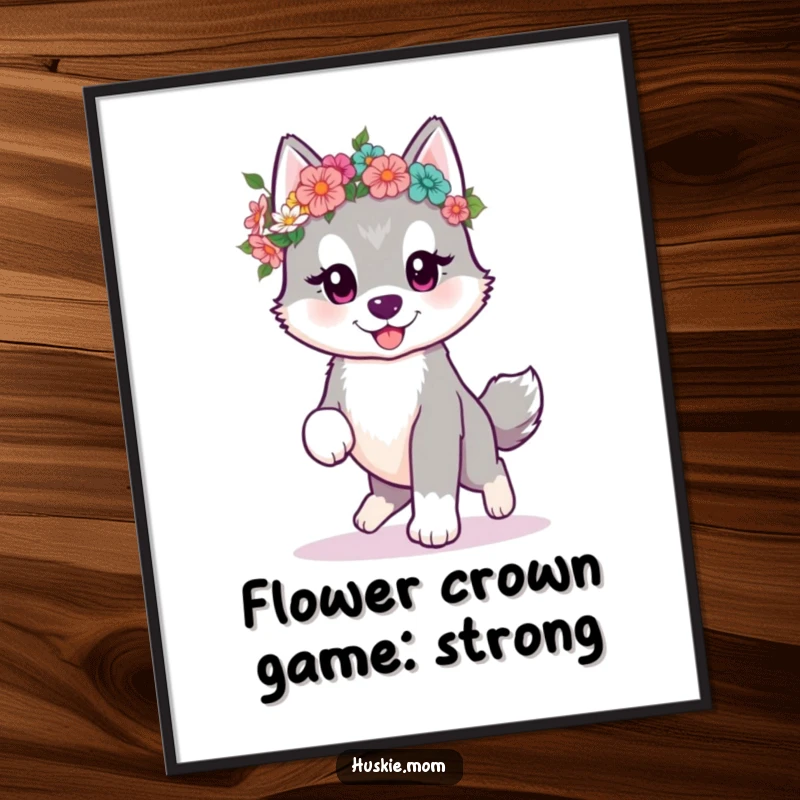 Cute Free Printable Wall Art: A kawaii husky puppy wearing a vibrant flower crown, prancing happily.