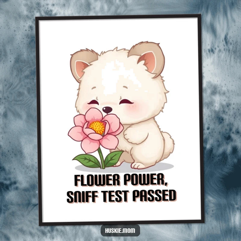 Funny Free Printable Wall Art: A fluffy animal with a comical, intense sniff at a vibrant, blooming flower.