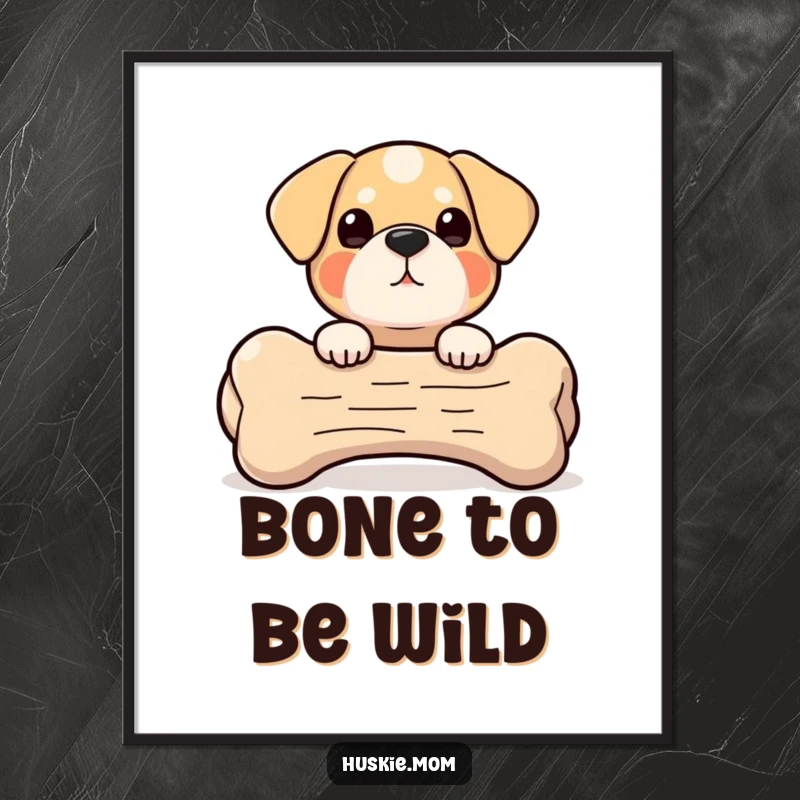 Funny Free Printable Wall Art: A small, round dog character playfully peeks out from behind a comically large dog bone illustration.