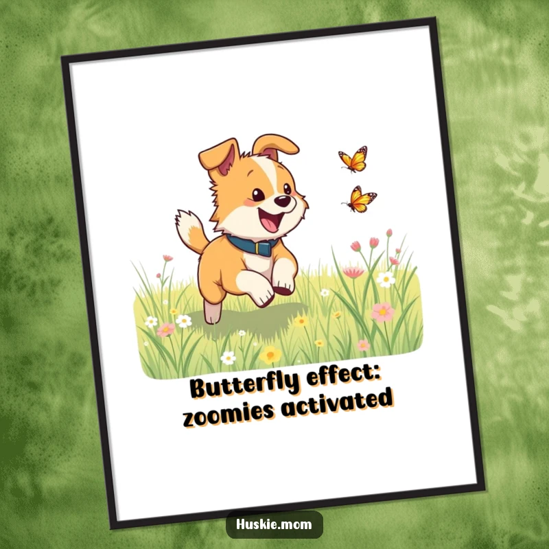 Fun Free Printable Wall Art: A dog in a meadow, enthusiastically chasing a small butterfly, capturing pure delight.