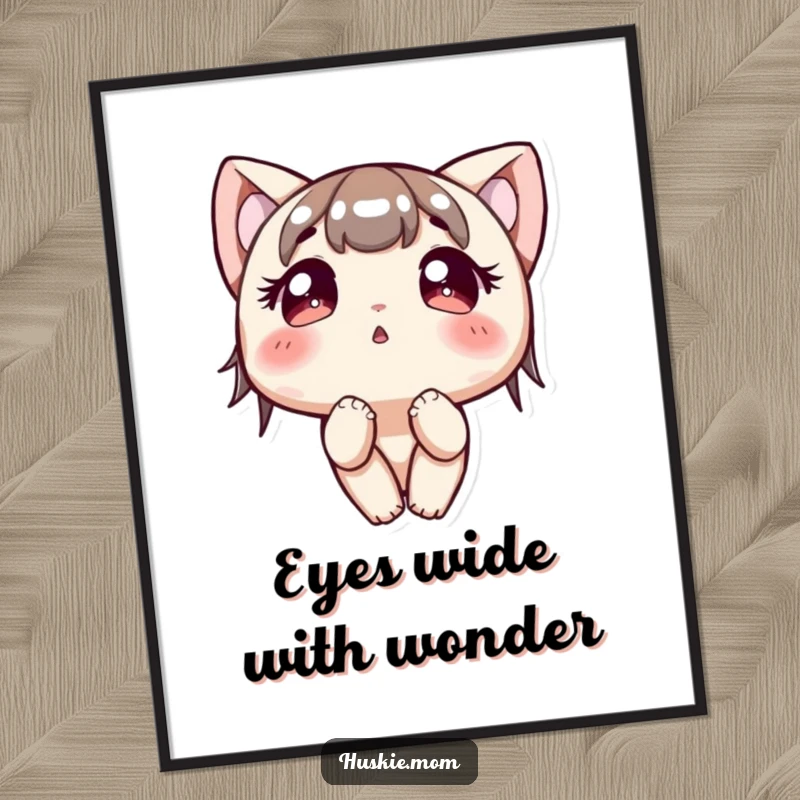 Funny Free Printable Wall Art: A character with exceptionally bright, curious eyes looking upwards with a questioning, endearing gaze.
