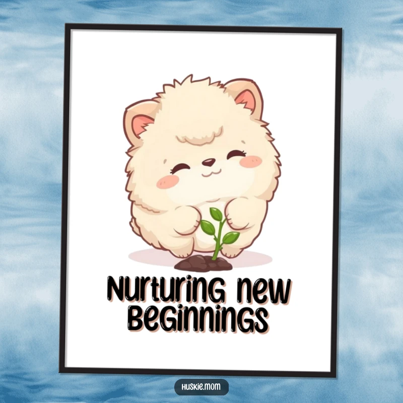 Funny Free Printable Wall Art of a fluffy animal with a curious expression gently nudging a tiny green sprout.