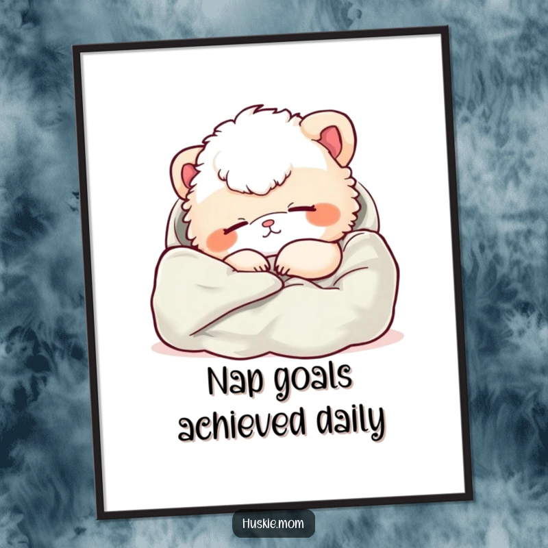 Funny Free Printable Wall Art: Fluffy animal deeply asleep, posture completely relaxed, nestled in plush, soft fabric.