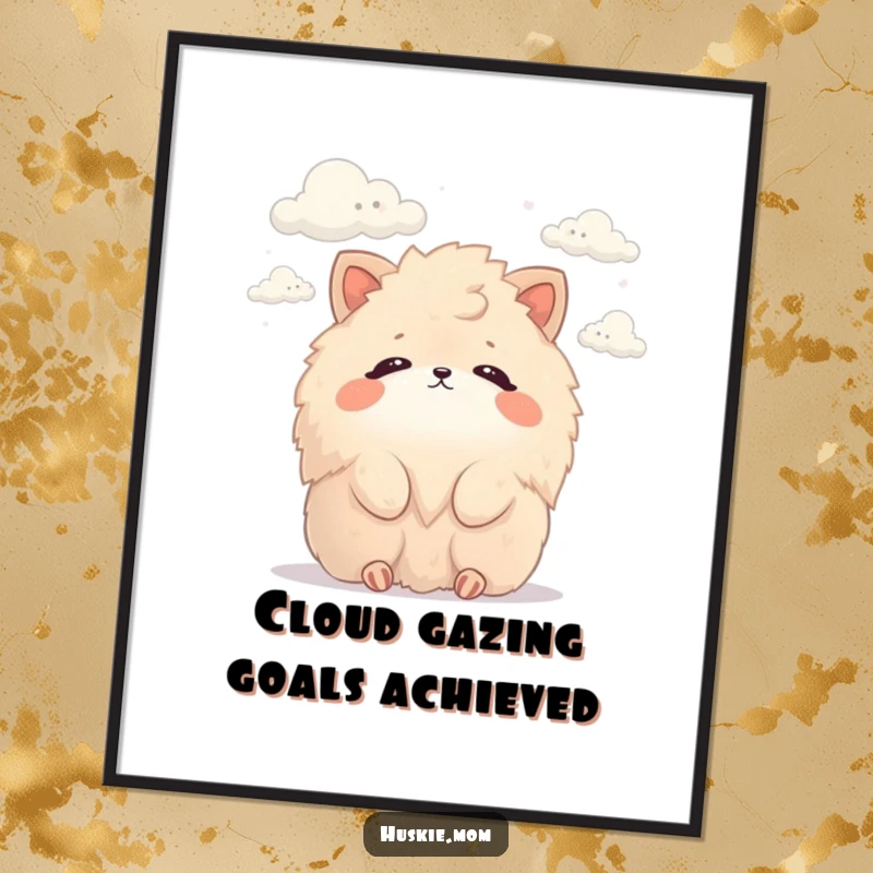 Funny Free Printable Wall Art: Whimsical fluffy animal peacefully watching clouds drift by in a zen moment.