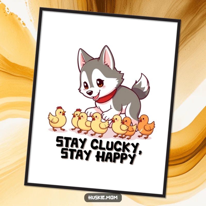 Funny Free Printable wall art of a husky lady looking focused as she attempts to gently herd a group of very small chickens.