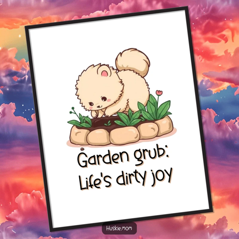 Funny Free Printable Wall Art: Fluffy creature with bushy tail eagerly digs in a garden bed, whimsical decor.
