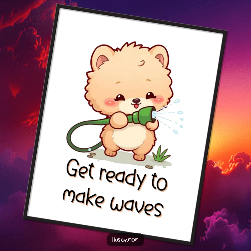 Funny Free Printable Wall Art: A fluffy animal artistically plays with a garden hose, spraying water in a whimsical, fun scene.