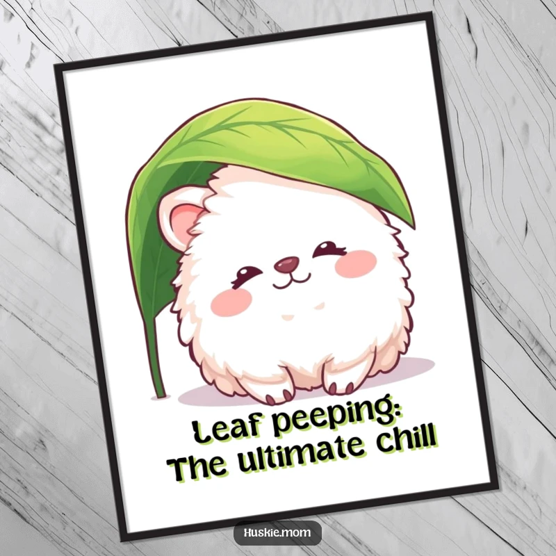 Funny Free Printable Wall Art: Fluffy animal with peaceful smile peeking from under a leaf, serene, perfect downloadable art.