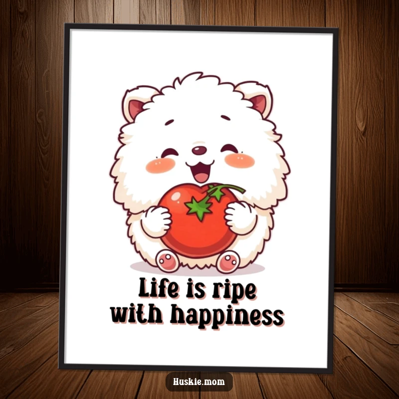 Funny Free Printable Wall Art: Fluffy animal expressing pure contentment with a happy sigh while patting a large, ripe tomato.