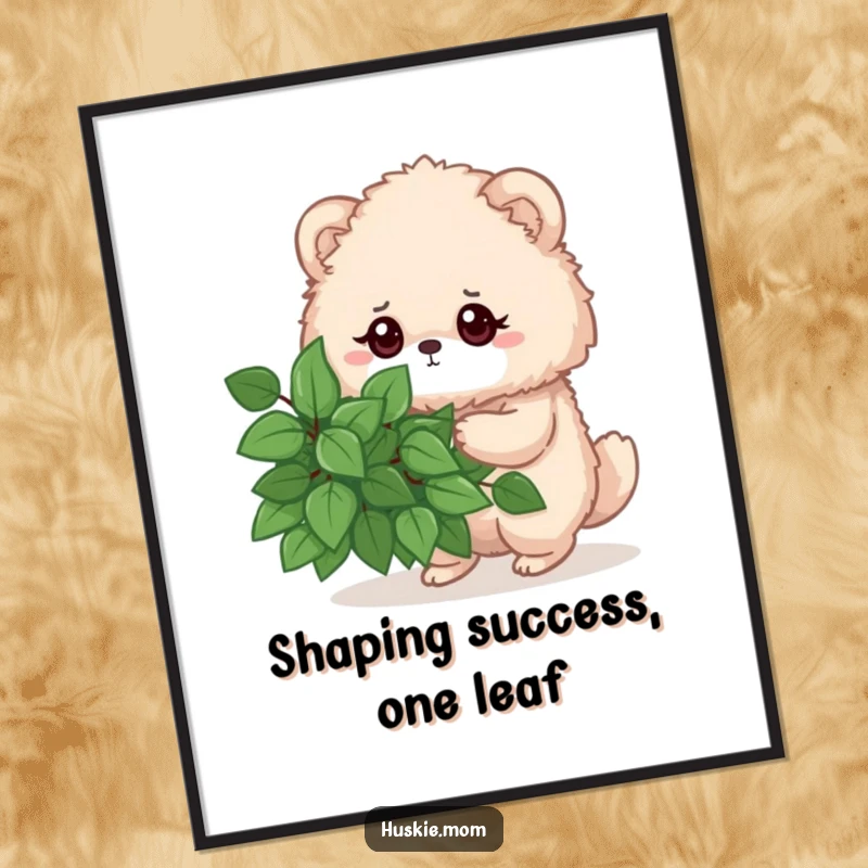 Funny Free Printable Wall Art depicting a fluffy animal with a determined gaze, meticulously pruning a lush green bush.