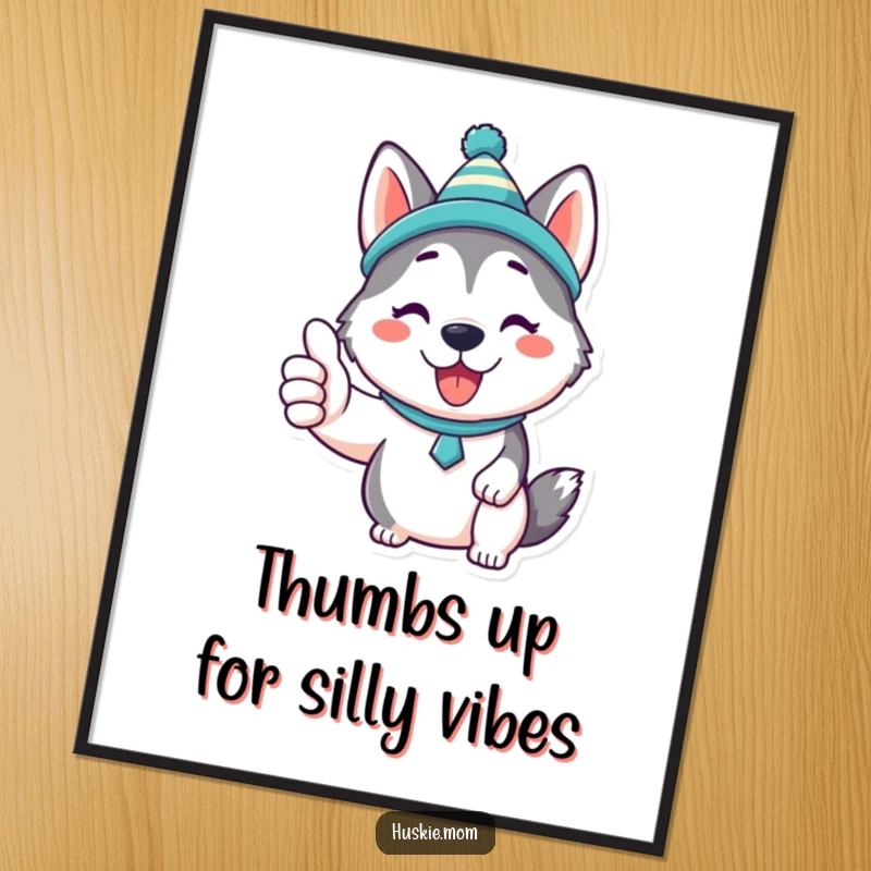 Funny Free Printable Wall Art: Kawaii husky wearing a silly hat and giving a thumbs up, adorable decor.