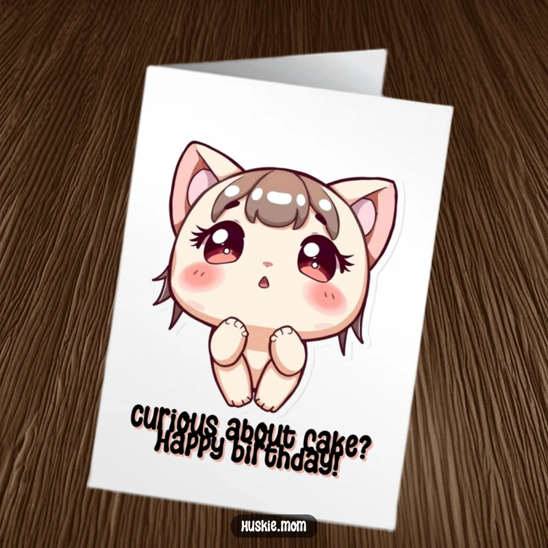 Funny Free Printable Birthday Card: A cute character with big, bright eyes looking up with innocent curiosity.