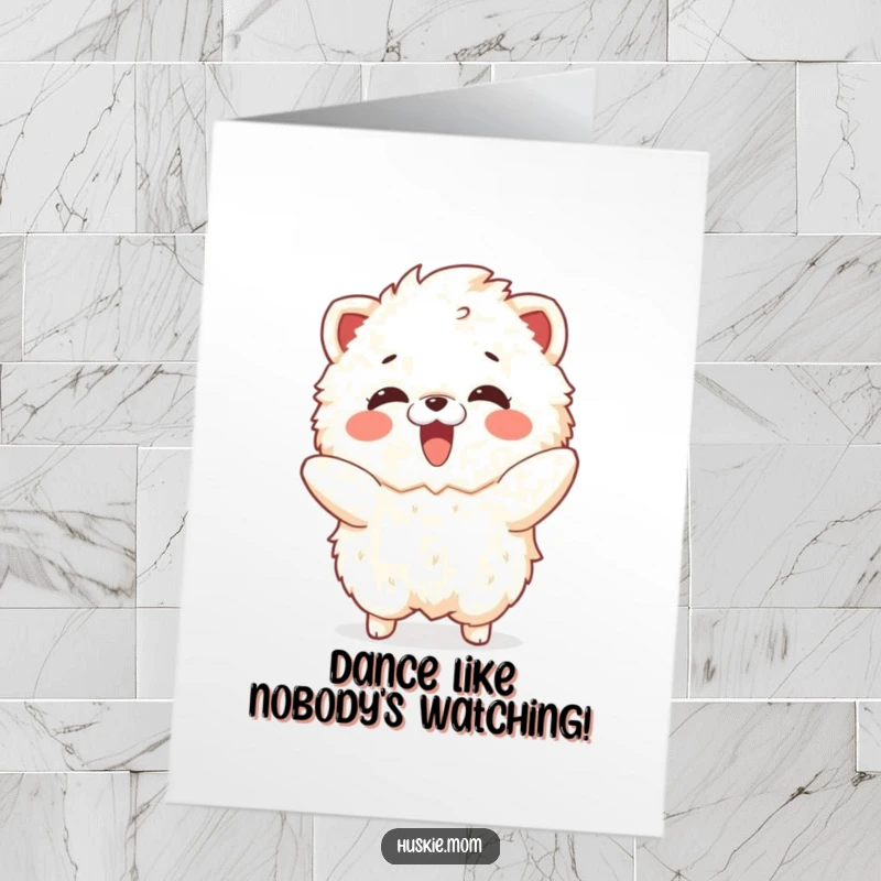 Funny Free Printable Birthday Card: A fluffy animal gasps in delight while doing a playful, energetic dance move.