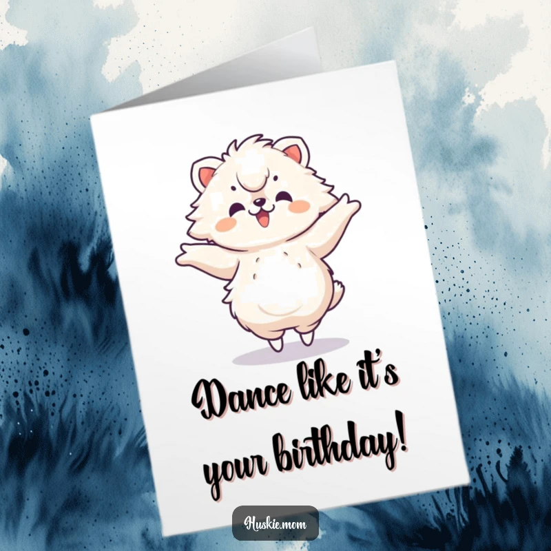 Funny Free Printable Birthday Card: A fluffy animal spins with delight, arms outstretched like a happy dancer, celebrating wildly.